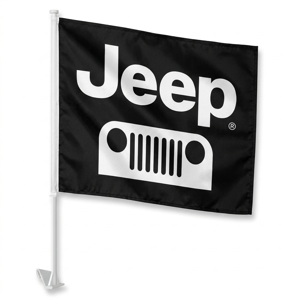 Jeep Manufacturer Clip-On Window Flag - 11x13 Inch Brand Banner — White BG