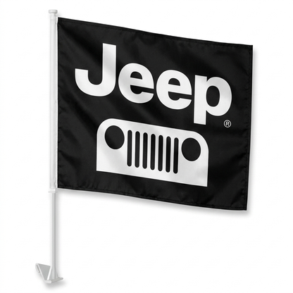 Jeep Manufacturer Clip-On Window Flag - 11x13 Inch Brand Banner — White BG