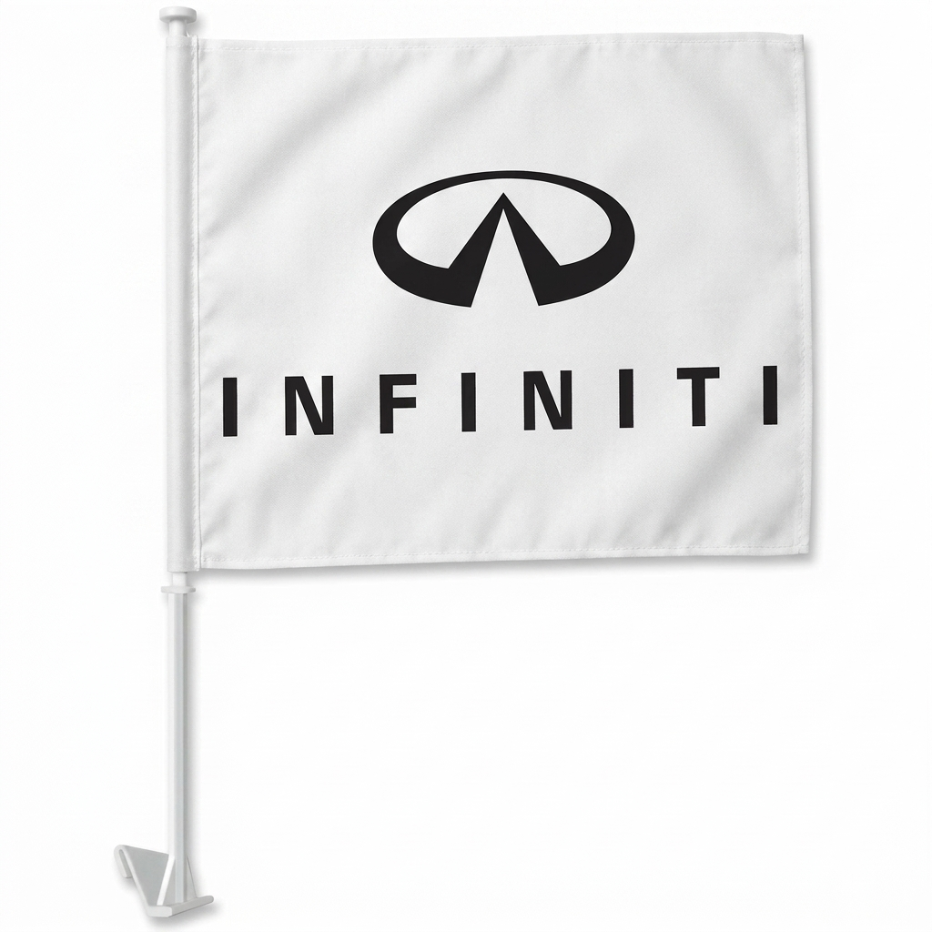 Infiniti Manufacturer Clip-On Window Flag - 11x13 Inch Brand Banner — White BG