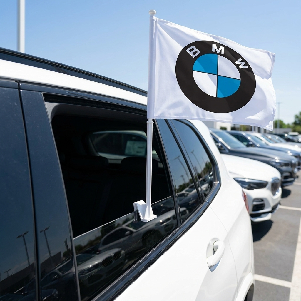 BMW Manufacturer Clip-On Window Flag - 11x13 Inch Brand Banner — Lifestyle