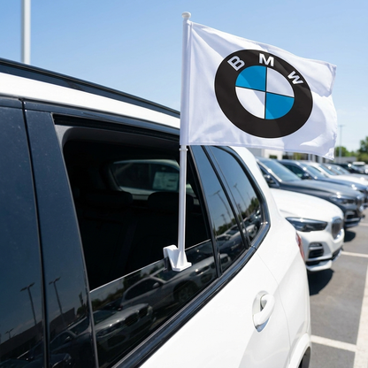 BMW Manufacturer Clip-On Window Flag - 11x13 Inch Brand Banner — Lifestyle