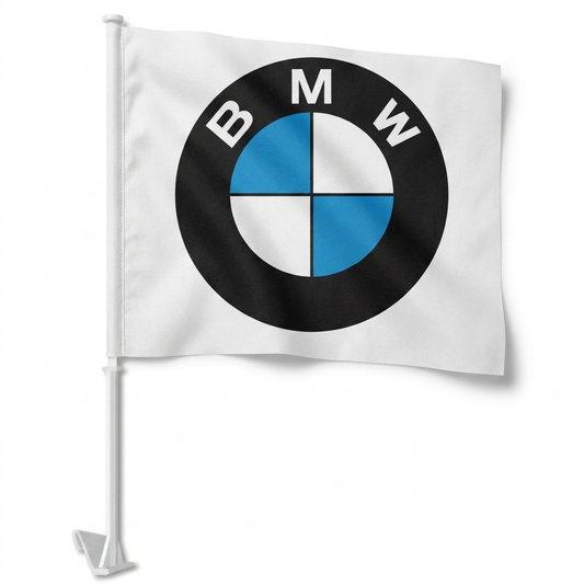 BMW Manufacturer Clip-On Window Flag - 11x13 Inch Brand Banner — White BG