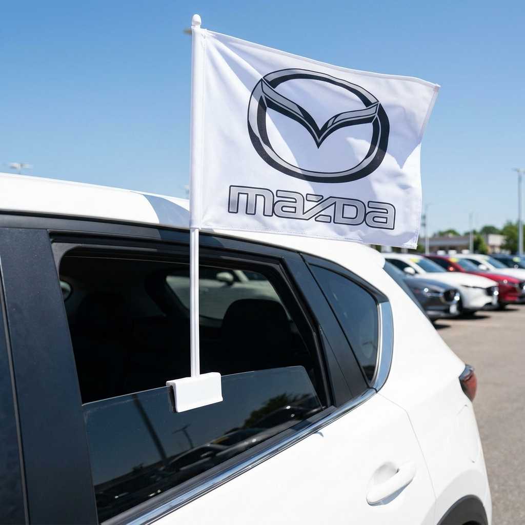 Mazda Manufacturer Clip-On Window Flag - 11x13 Inch Brand Banner — Lifestyle