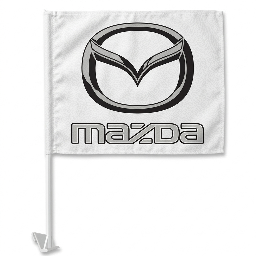 Mazda Manufacturer Clip-On Window Flag - 11x13 Inch Brand Banner — White BG