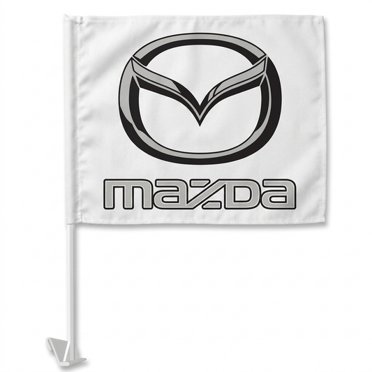Mazda Manufacturer Clip-On Window Flag - 11x13 Inch Brand Banner — White BG