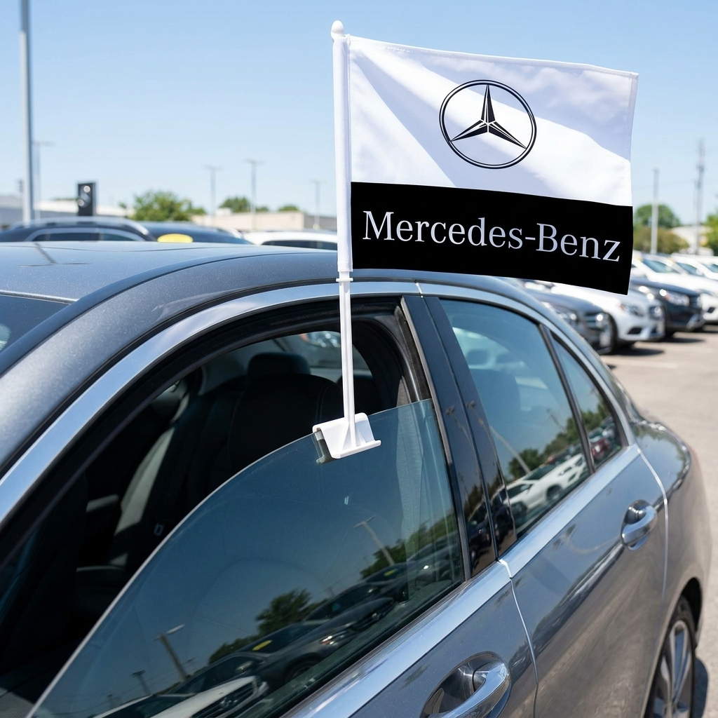 Mercedes Benz Manufacturer Clip-On Window Flag - 11x13 Inch Brand Banner — Lifestyle