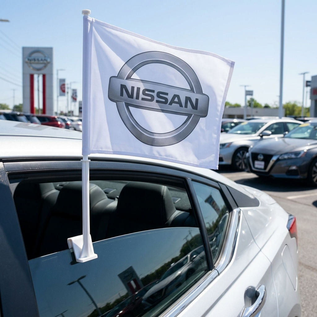 Nissan Manufacturer Clip-On Window Flag - 11x13 Inch Brand Banner — Lifestyle