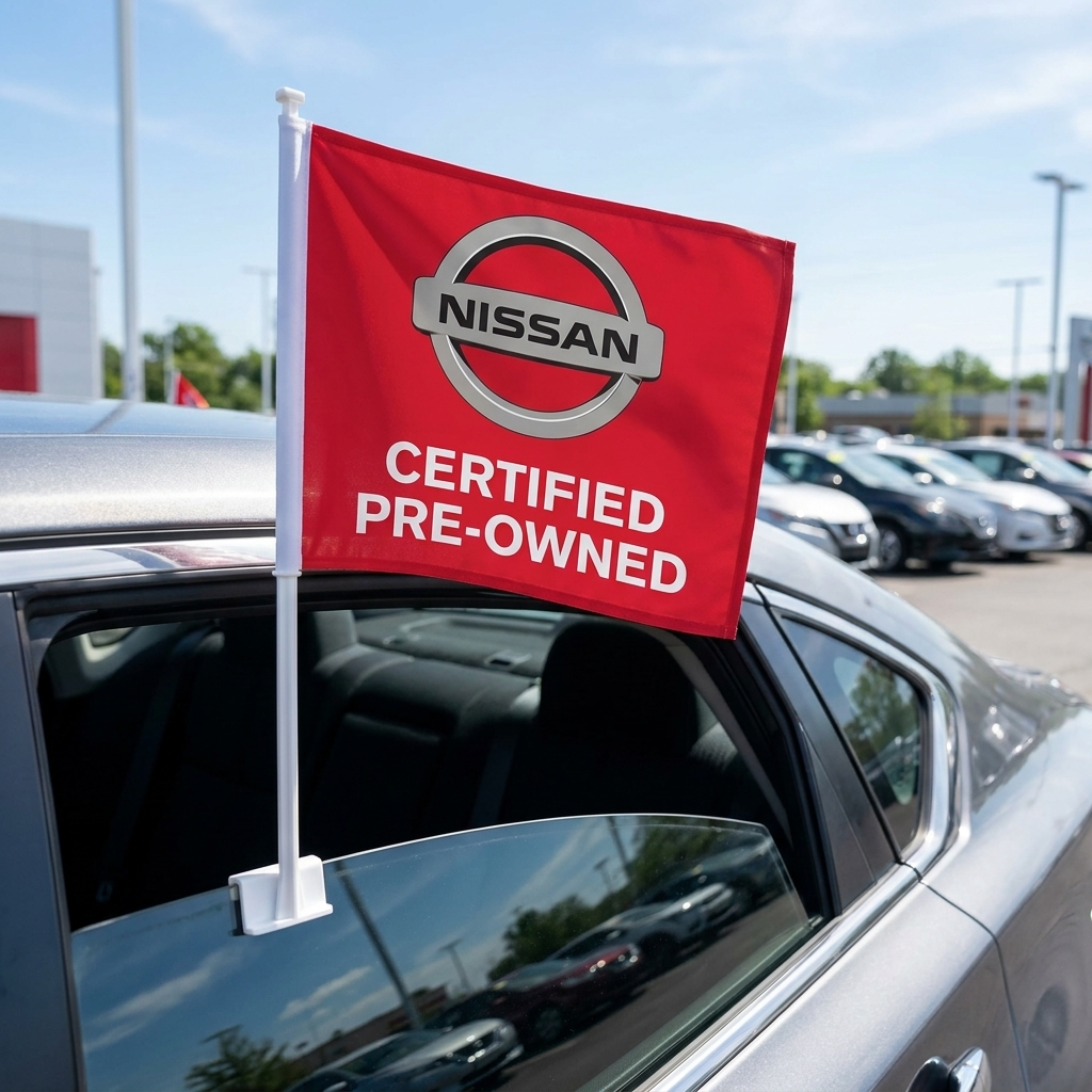 Nissan Certified Pre Owned Manufacturer Clip-On Window Flag - 11x13 Inch Brand Banner — Lifestyle