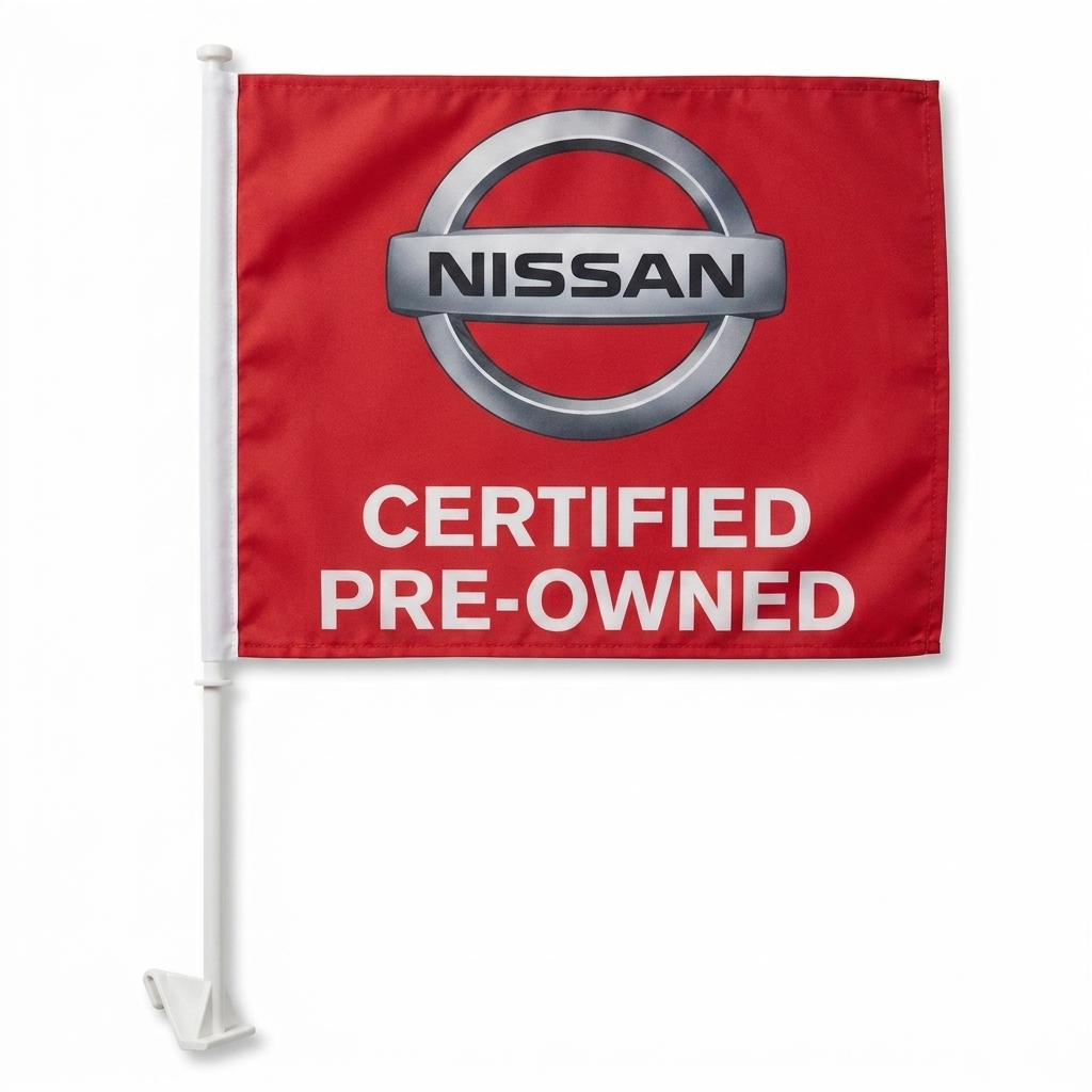 Nissan Certified Pre Owned Manufacturer Clip-On Window Flag - 11x13 Inch Brand Banner — White BG