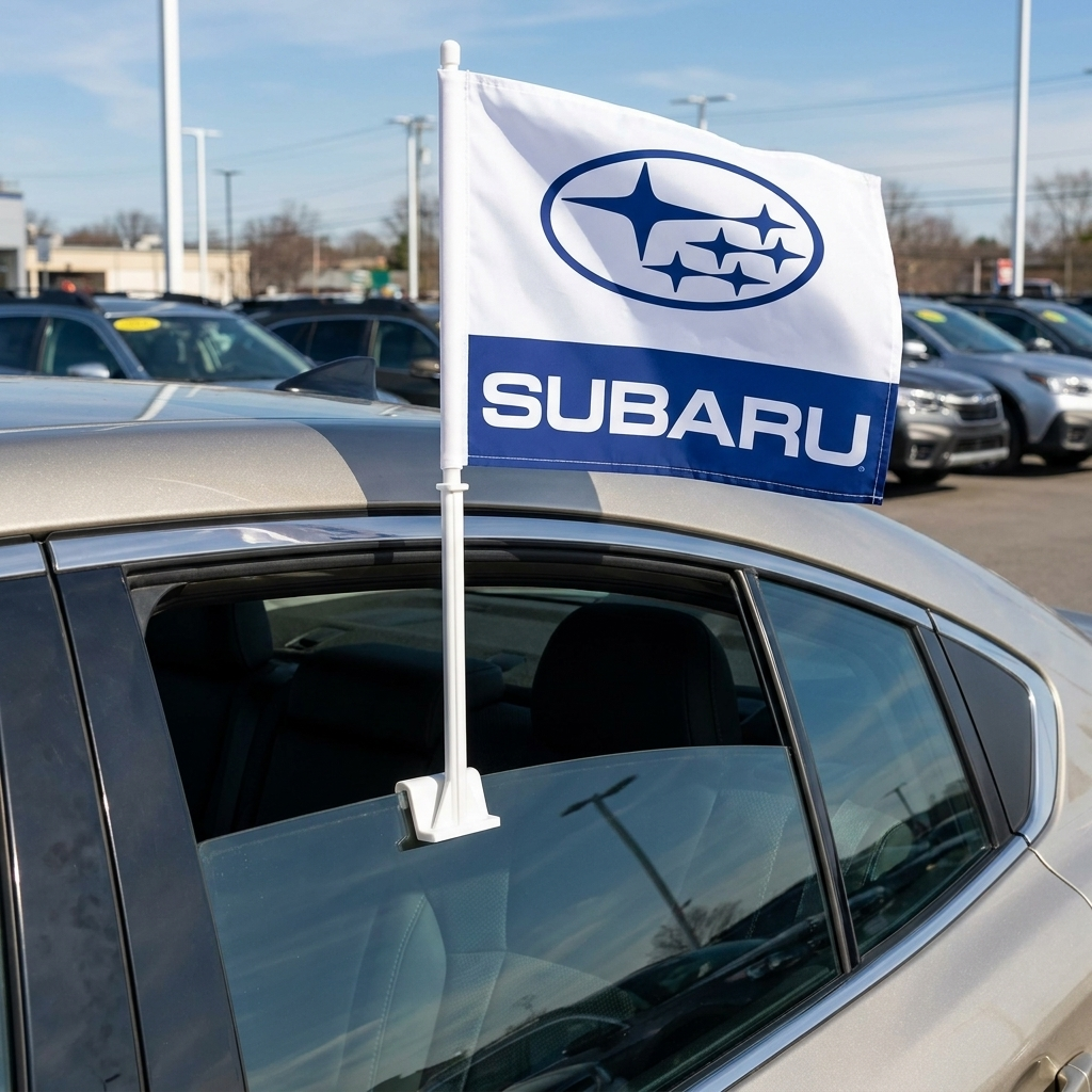 Subaru Manufacturer Clip-On Window Flag - 11x13 Inch Brand Banner — Lifestyle