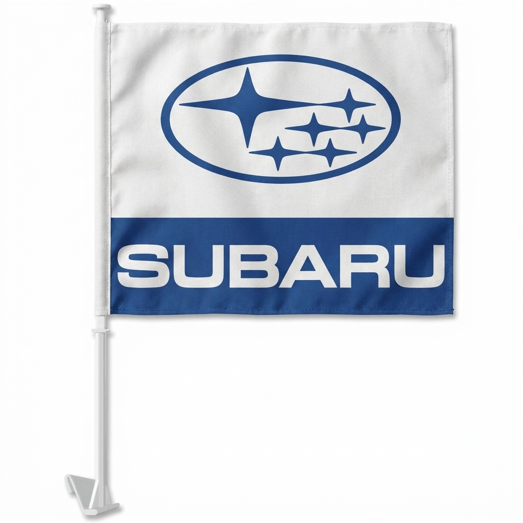 Subaru Manufacturer Clip-On Window Flag - 11x13 Inch Brand Banner — White BG
