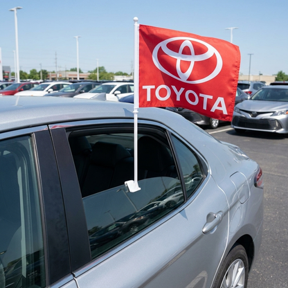 Toyota Manufacturer Clip-On Window Flag - 11x13 Inch Brand Banner — Lifestyle