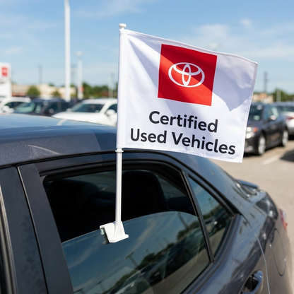 Toyota Certified Used Vehicles Manufacturer Clip-On Window Flag - 11x13 Inch Brand Banner — Lifestyle