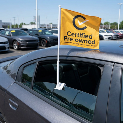 Certified Pre Owned Chry/Jeep Manufacturer Clip-On Window Flag - 11x13 Inch Brand Banner — Lifestyle