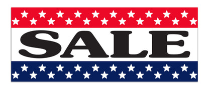 Patriotic SALE banner with bold black letters, red and blue star border, dealership promotion
