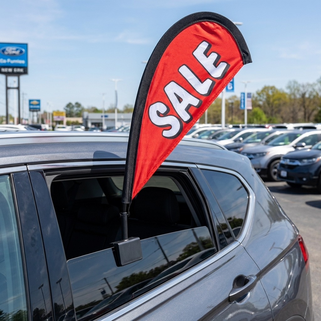 SALE RED Clip-On Paddle Flag - 2.5ft Window-Mounted Banner — Lifestyle