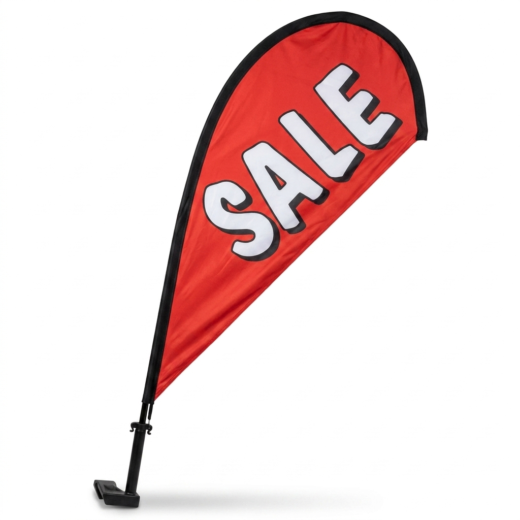 SALE RED Clip-On Paddle Flag - 2.5ft Window-Mounted Banner — White BG
