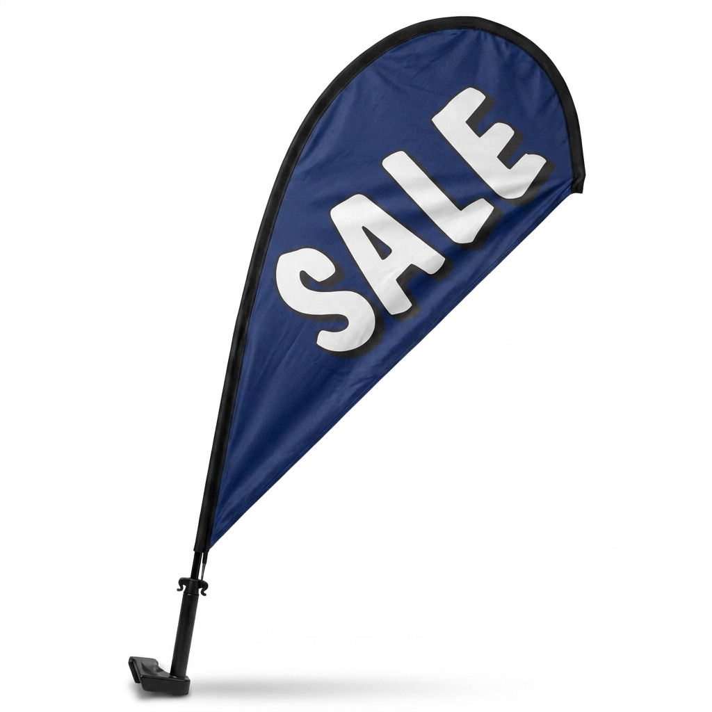 SALE BLUE Clip-On Paddle Flag - 2.5ft Window-Mounted Banner — White BG