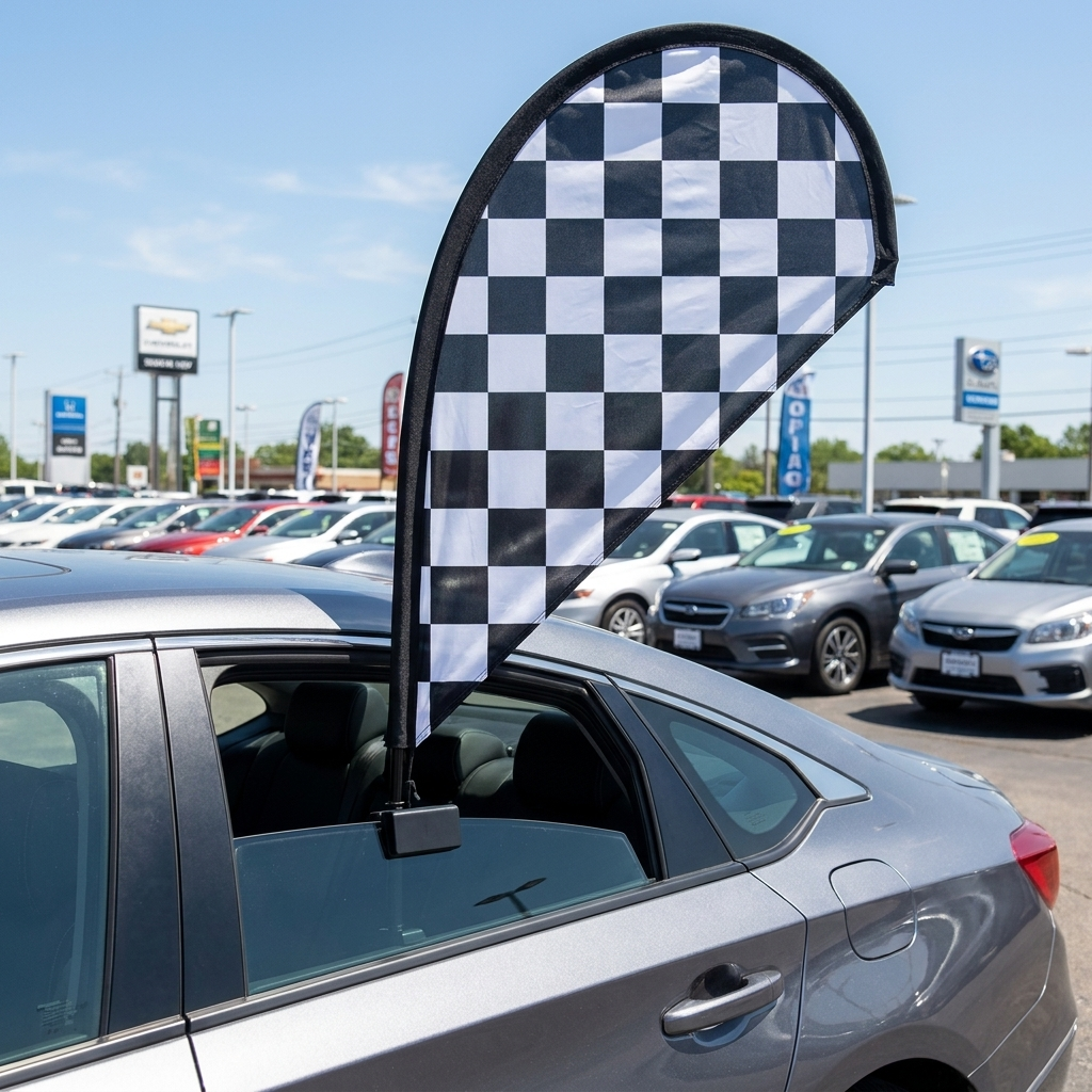 BLACK/WHITE CHECKERED Clip-On Paddle Flag - 2.5ft Window-Mounted Banner — Lifestyle
