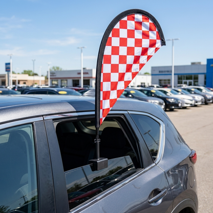 RED/WHITE CHECKERED Clip-On Paddle Flag - 2.5ft Window-Mounted Banner — Lifestyle