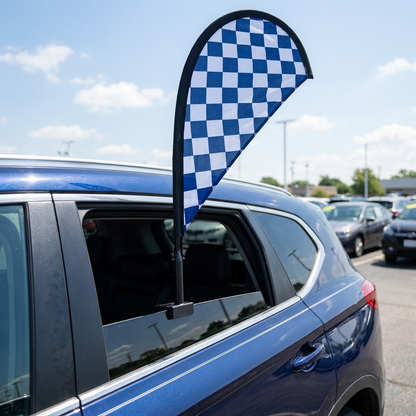 BLUE/WHITE CHECKERED Clip-On Paddle Flag - 2.5ft Window-Mounted Banner — Lifestyle