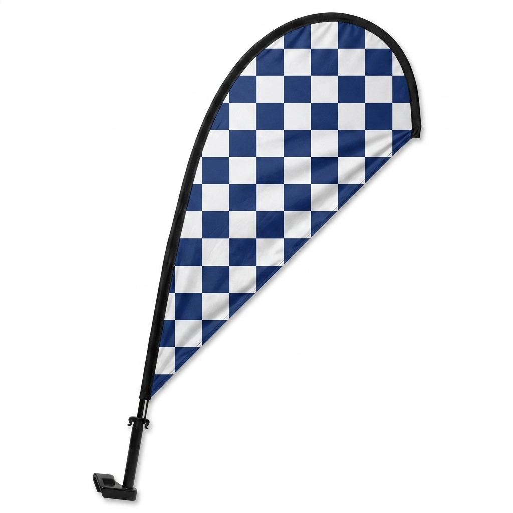 BLUE/WHITE CHECKERED Clip-On Paddle Flag - 2.5ft Window-Mounted Banner — White BG