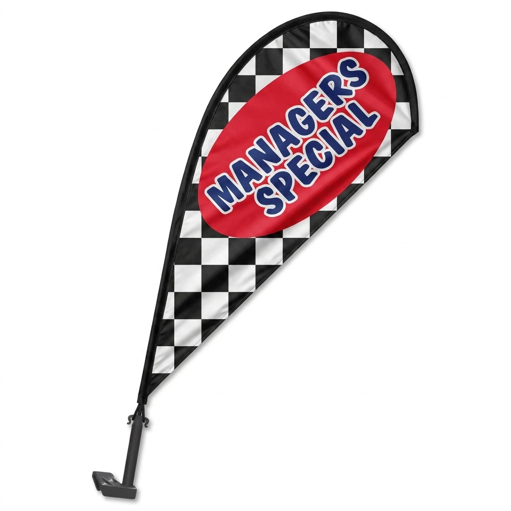 MANAGERS SPECIAL Clip-On Paddle Flag - 2.5ft Window-Mounted Banner — White BG