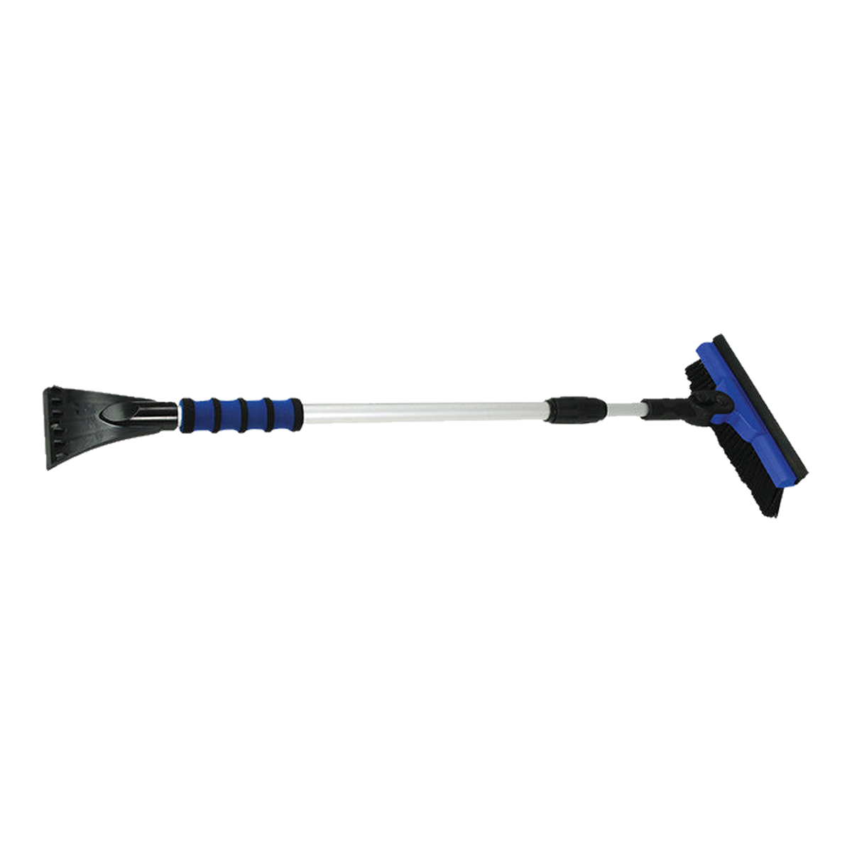 Telescoping pivot head telebroom with blue brush and squeegee