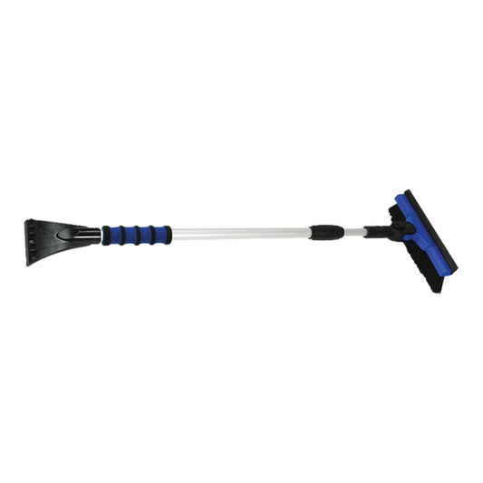 Telescoping pivot head telebroom with blue brush and squeegee