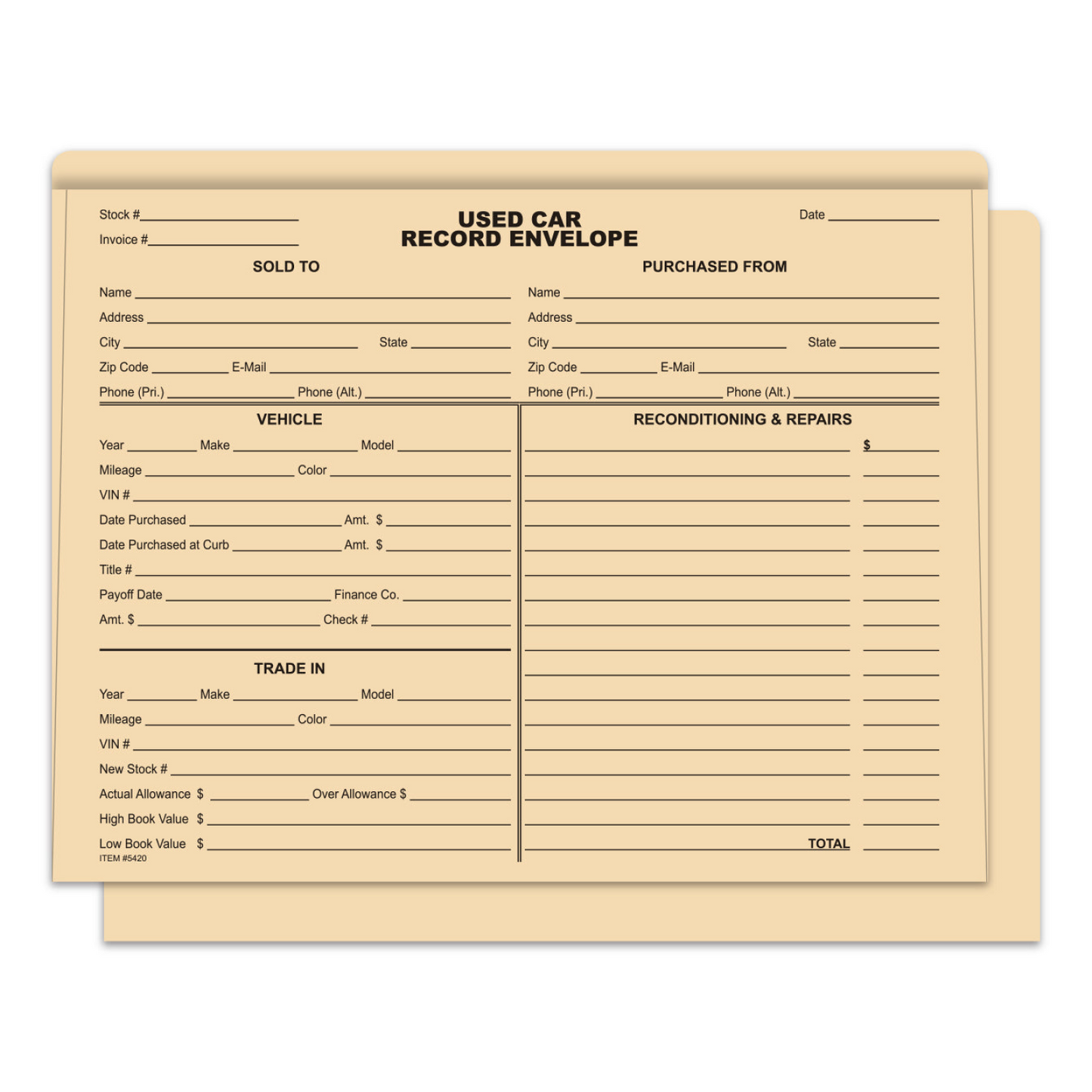 Used Car Record Envelope