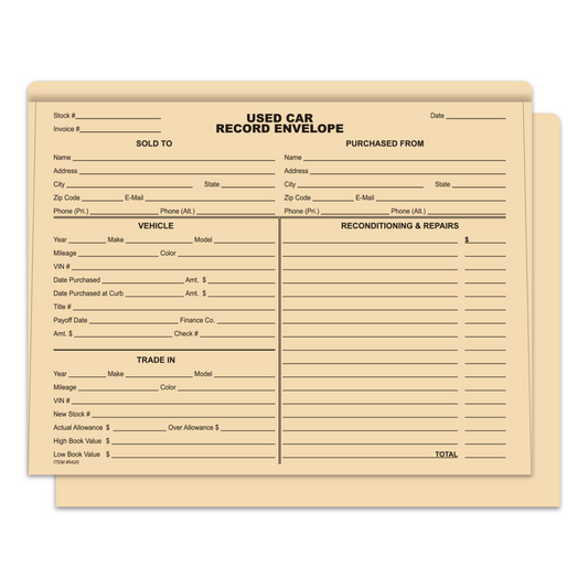 Used Car Record Envelope