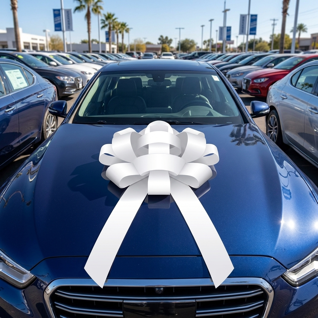 30" White Magnetic Shiny Car Bow - Dealership Delivery Bow | Lifestyle Photo