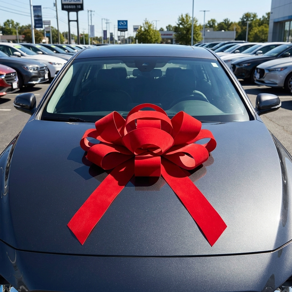 30" Red Velvet Car Bow - Magnetic Dealership Delivery Bow | Lifestyle Photo