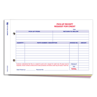 Parts Pick Up Receipt - 3-Part Carbonless Dealership Form