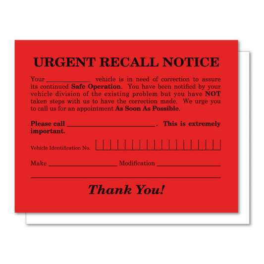 Urgent Recall Notice - RT-6 - 5.5" x 4.25"