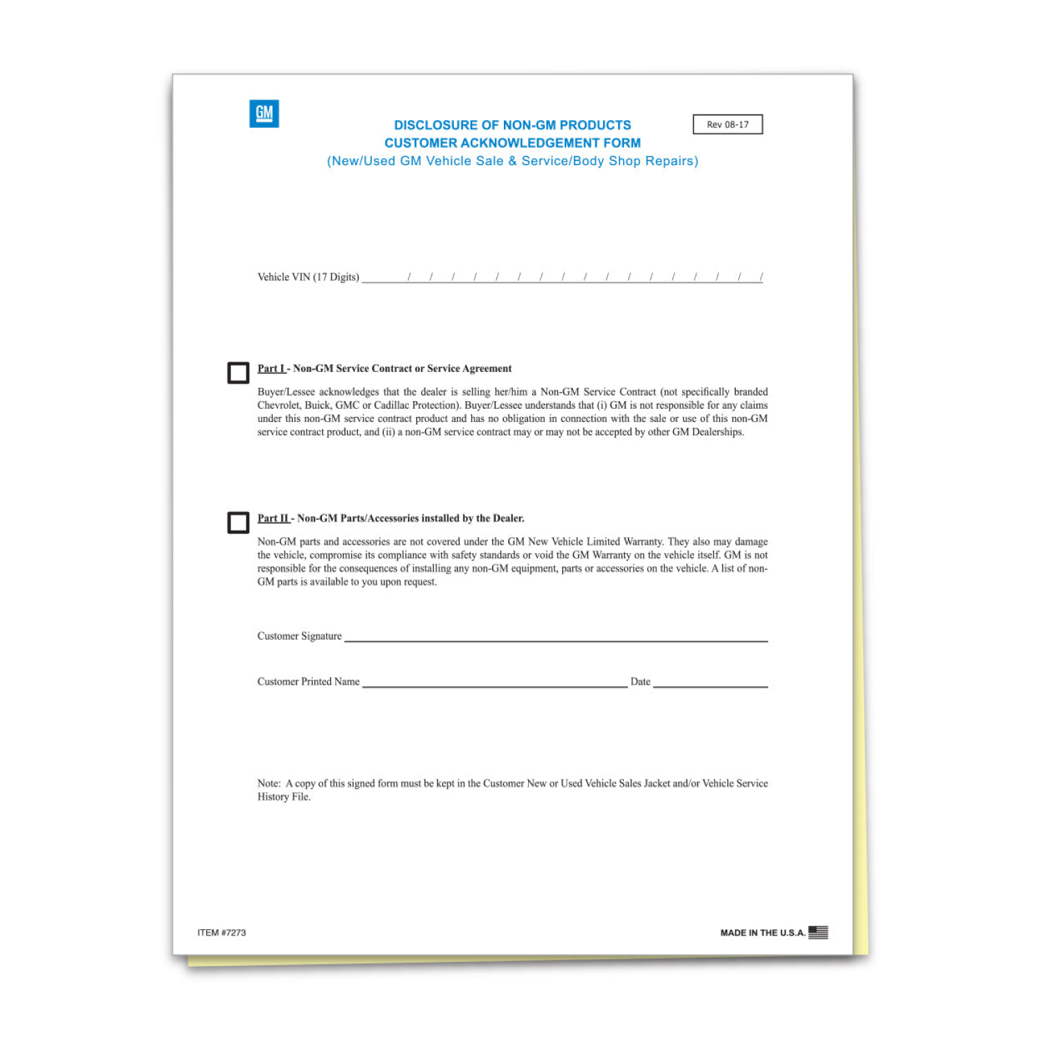 7273 Form Example Disclosure of Non-GM Products Customer Ack. Form - 2 Part – Dealer ...