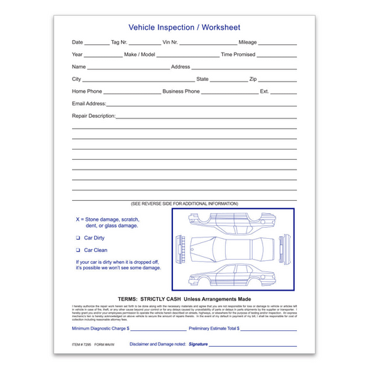 Vehicle Inspection Worksheet - AVW - 8 1/2" x 11" Padded