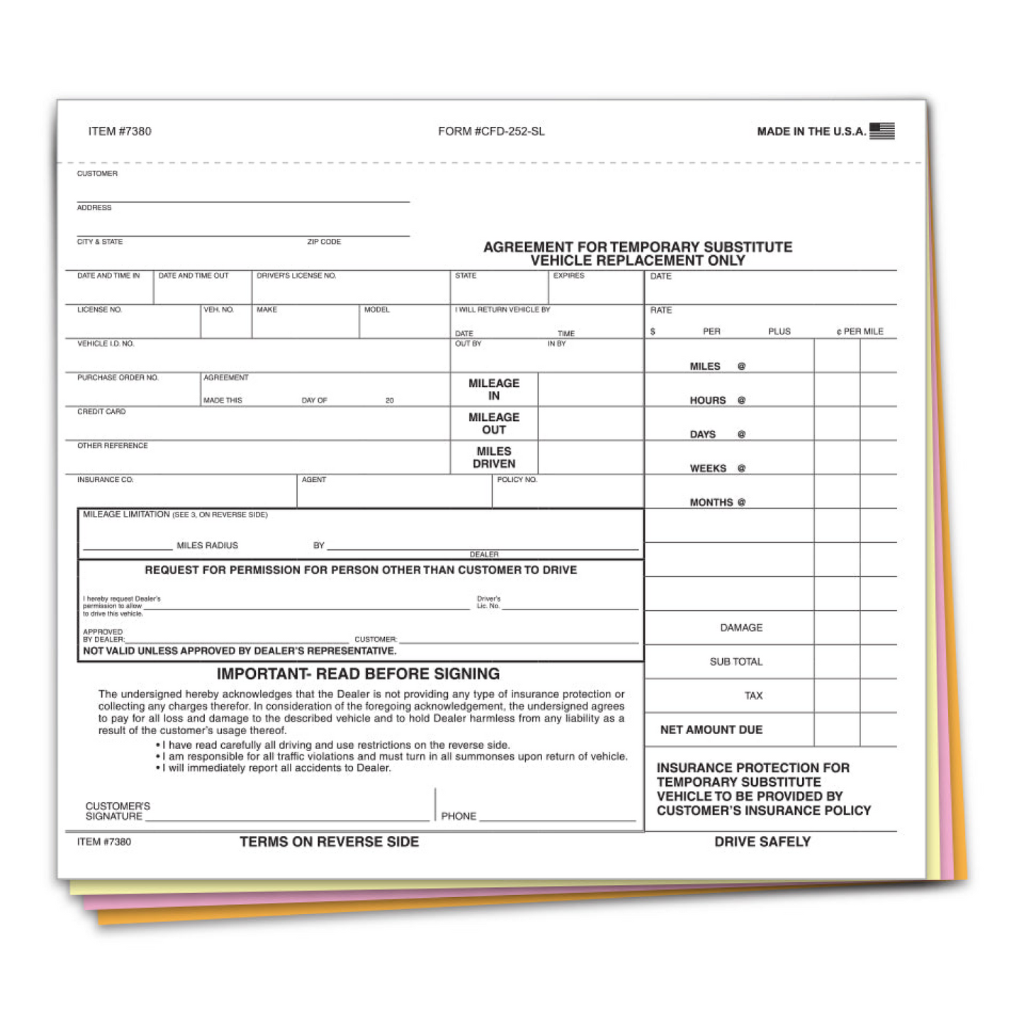 Substitute Vehicle Agreement - CFD-252-SL - 4 Part