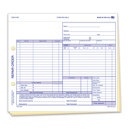 Repair Order RO-600-3 - 3-Part Carbonless Service Form