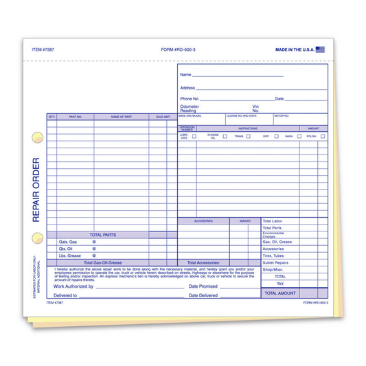 Repair Order - RO-600-3 - 3 Part