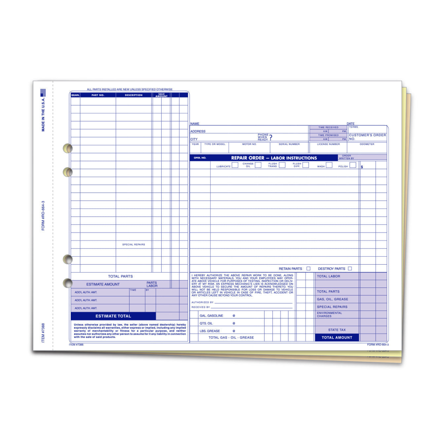 Dealership Ro Example Repair Order - RO-664-3 - 3 Part – Dealer Depot USA