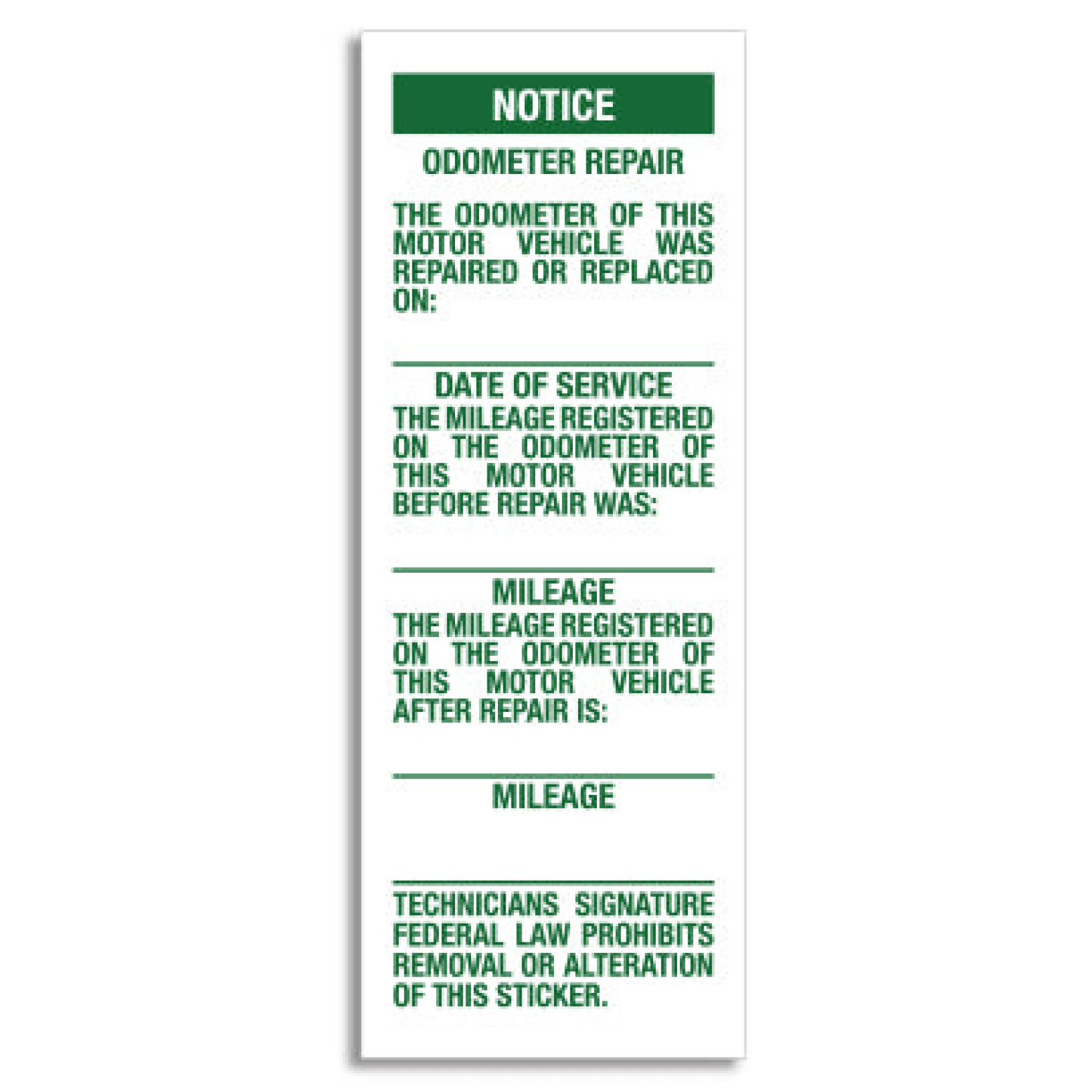 Odometer Repair Labels - ORL - Green Print - 1.5" x 4"