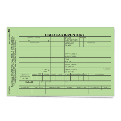 Used Car Inventory Card - 2-Part 6-5/8" x 4-1/4" Dealer Tags
