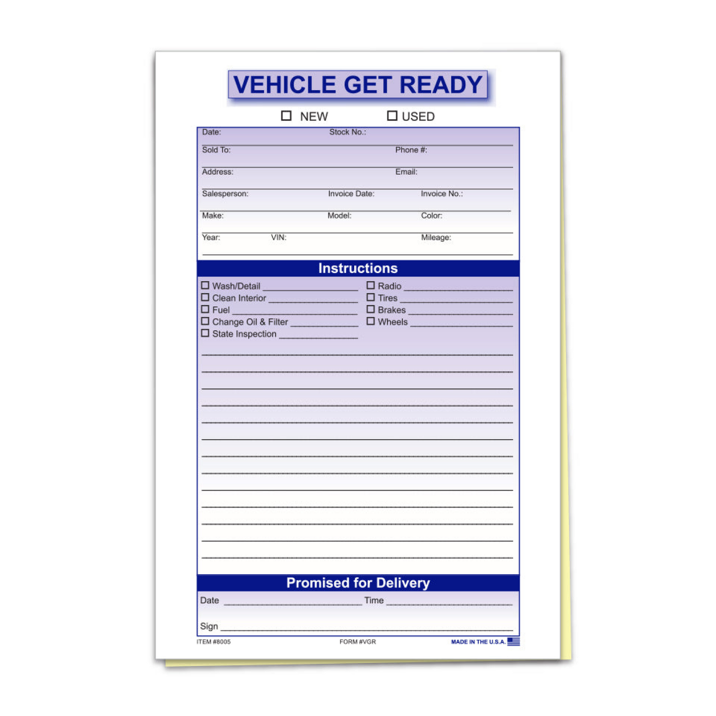 Vehicle Get Ready Form - 5 1/2" X 8 1/2 "