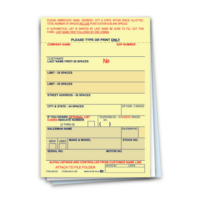 Vehicle Deal Labels - AA-168 3-Part Carbon, Qty. 100