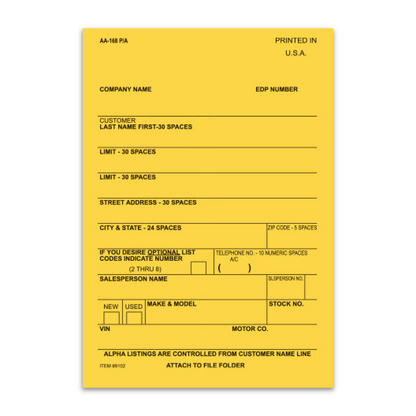 Vehicle Deal Label AA-168P/A - 3-5/16" x 4-3/4" Yellow, 100-Pack