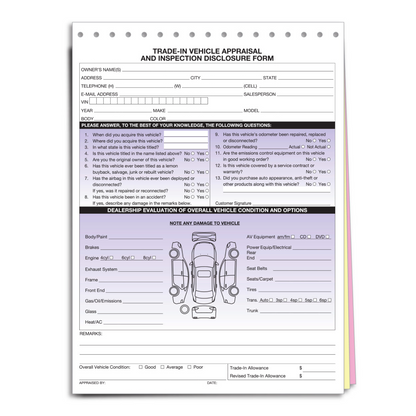 Trade In Vehicle Appraisal Form - 3-Part Snap-Out, 100 Pack