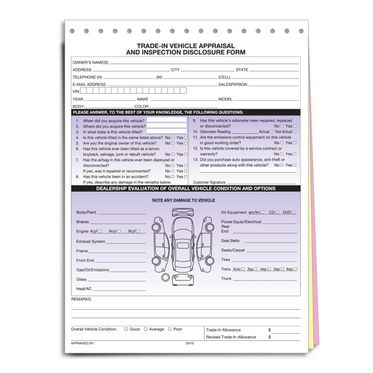 Trade In Vehicle Appraisal & Disclosure Form - 3 Part Snap-Out