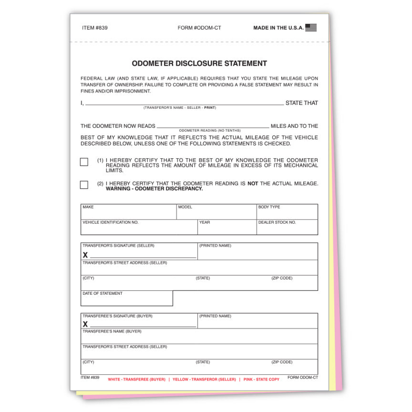 Odometer Disclosure Statement - ODOM-CT - 3 Part