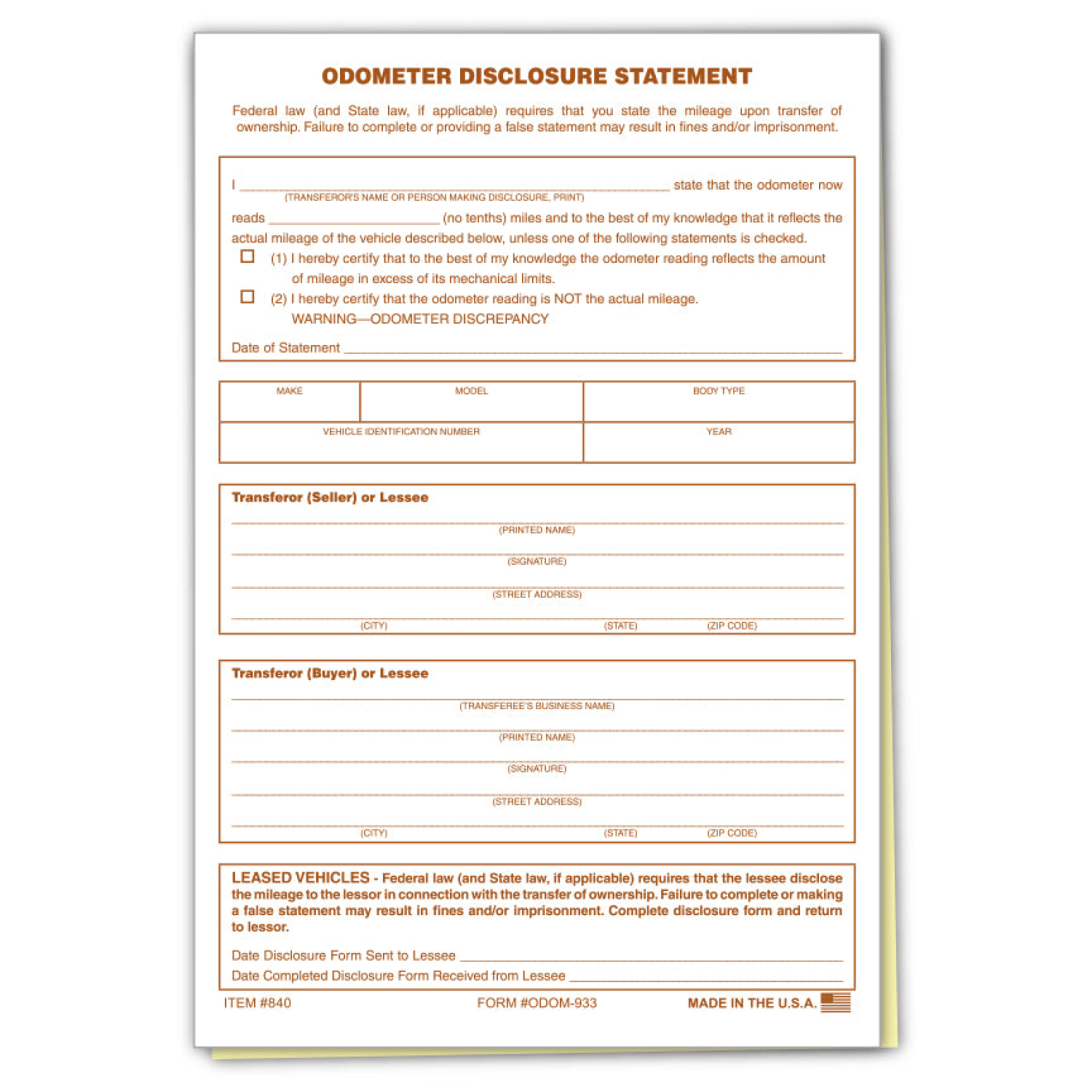 Odometer Disclosure Statement - ODOM-933 - 2 Part – Dealer Depot USA